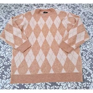 MNG Women's Sweater Size XL Tan/Gold Metallic Tread Argyle Pattern Soft Cozy New